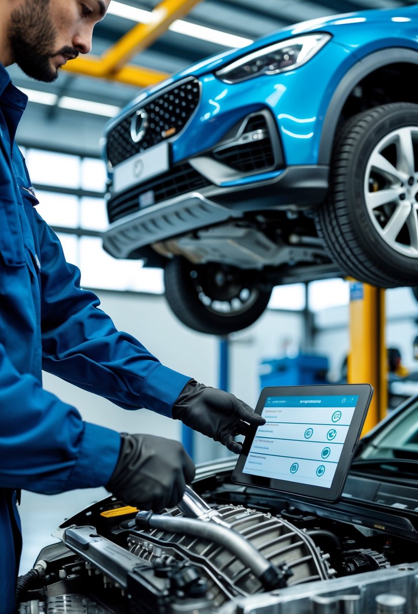 A mechanic working on a car's transmission system in a clean automotive workshop, with tools and a technician using a tablet nearby.