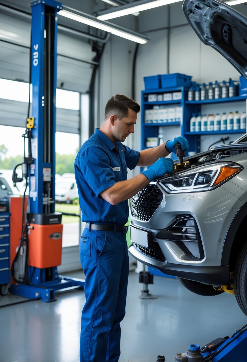 Mechanic servicing a car's DSG transmission in a clean, professional automotive workshop.