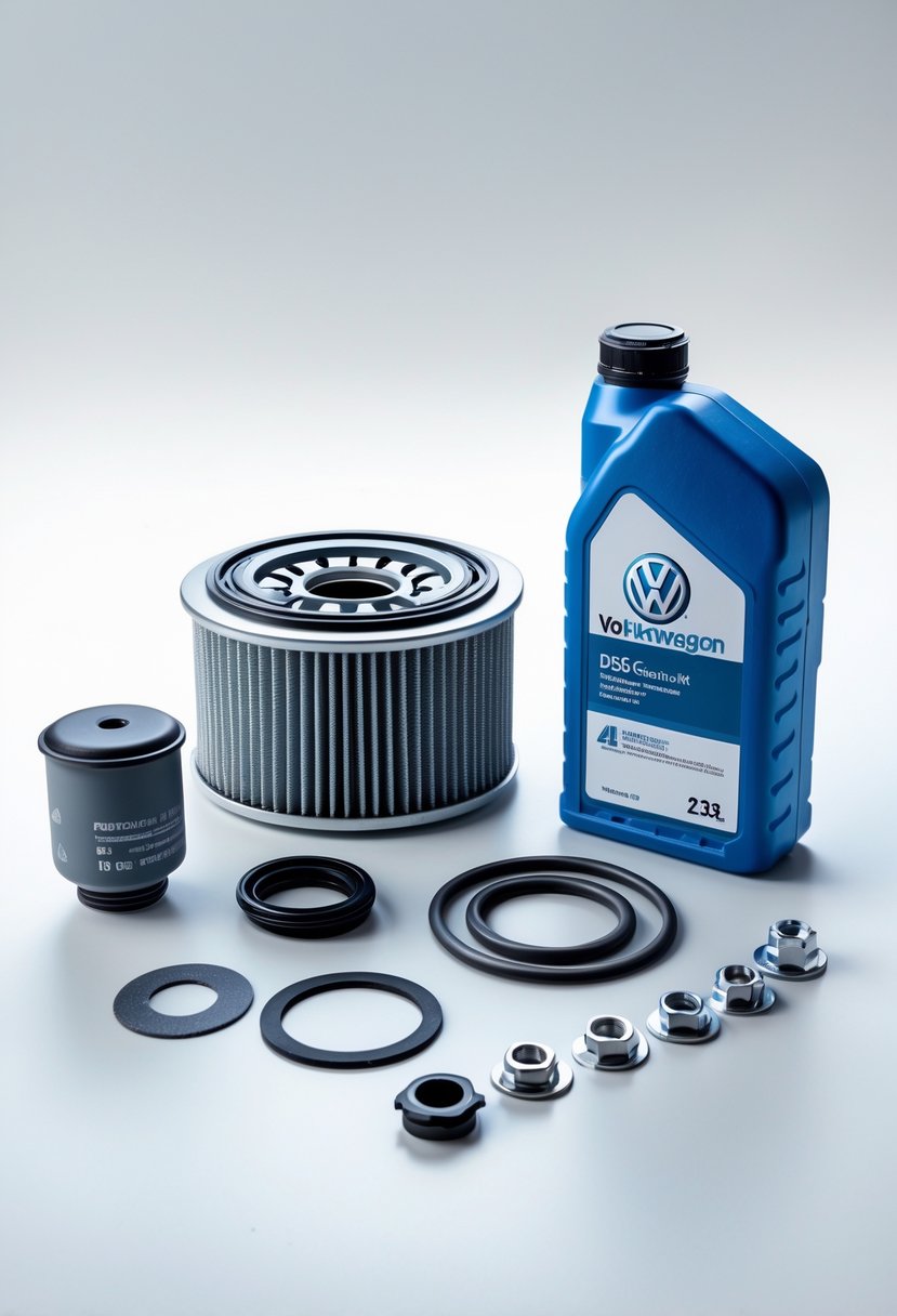 A Volkswagen DSG transmission service kit with oil filter, gaskets, seals, fluid bottle, and small metal parts arranged on a white surface.