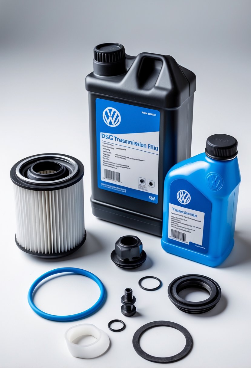 A VW DSG transmission service kit with filter, O-rings, drain plug, gasket, and transmission fluid bottle arranged on a white background.