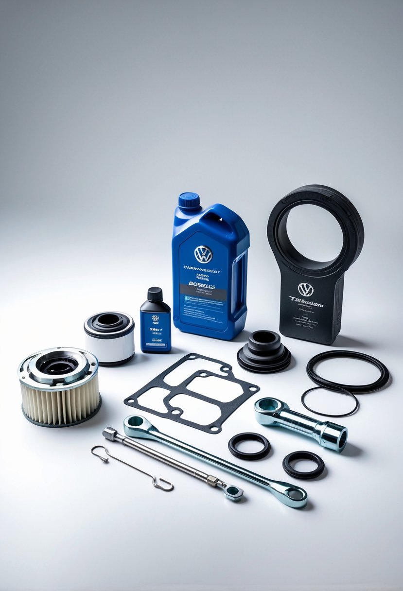 Key parts and tools from a Volkswagen DSG transmission service kit arranged neatly on a white background.