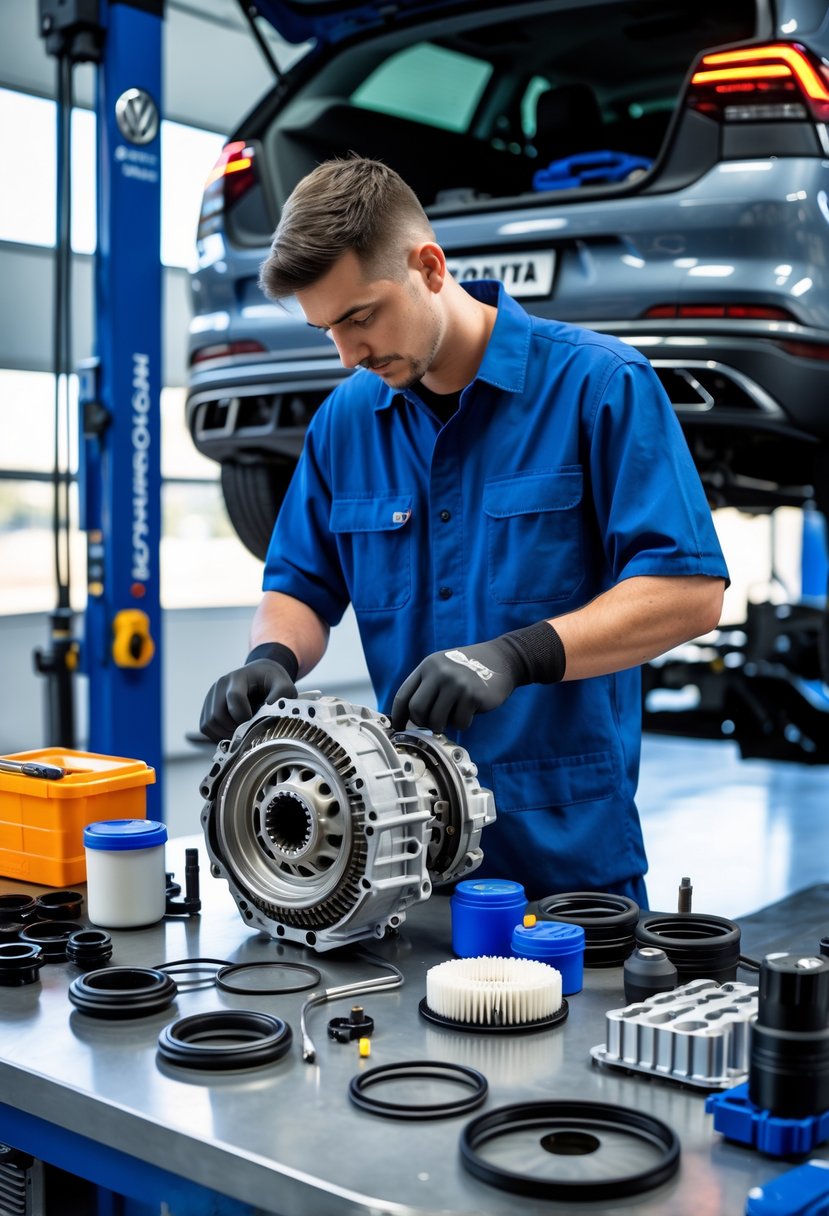 A mechanic working on a Volkswagen DSG transmission with transmission parts and tools arranged on a workbench in an automotive workshop.