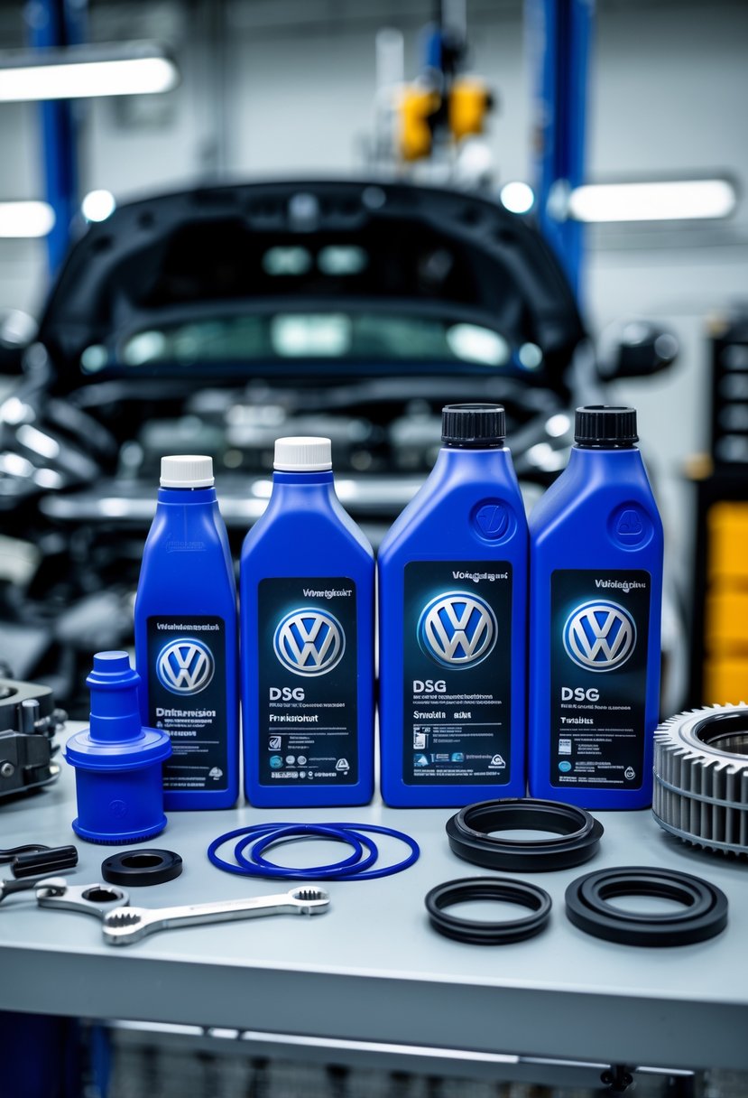 Close-up of a Volkswagen DSG transmission service kit with tools and a partially disassembled transmission in a workshop.