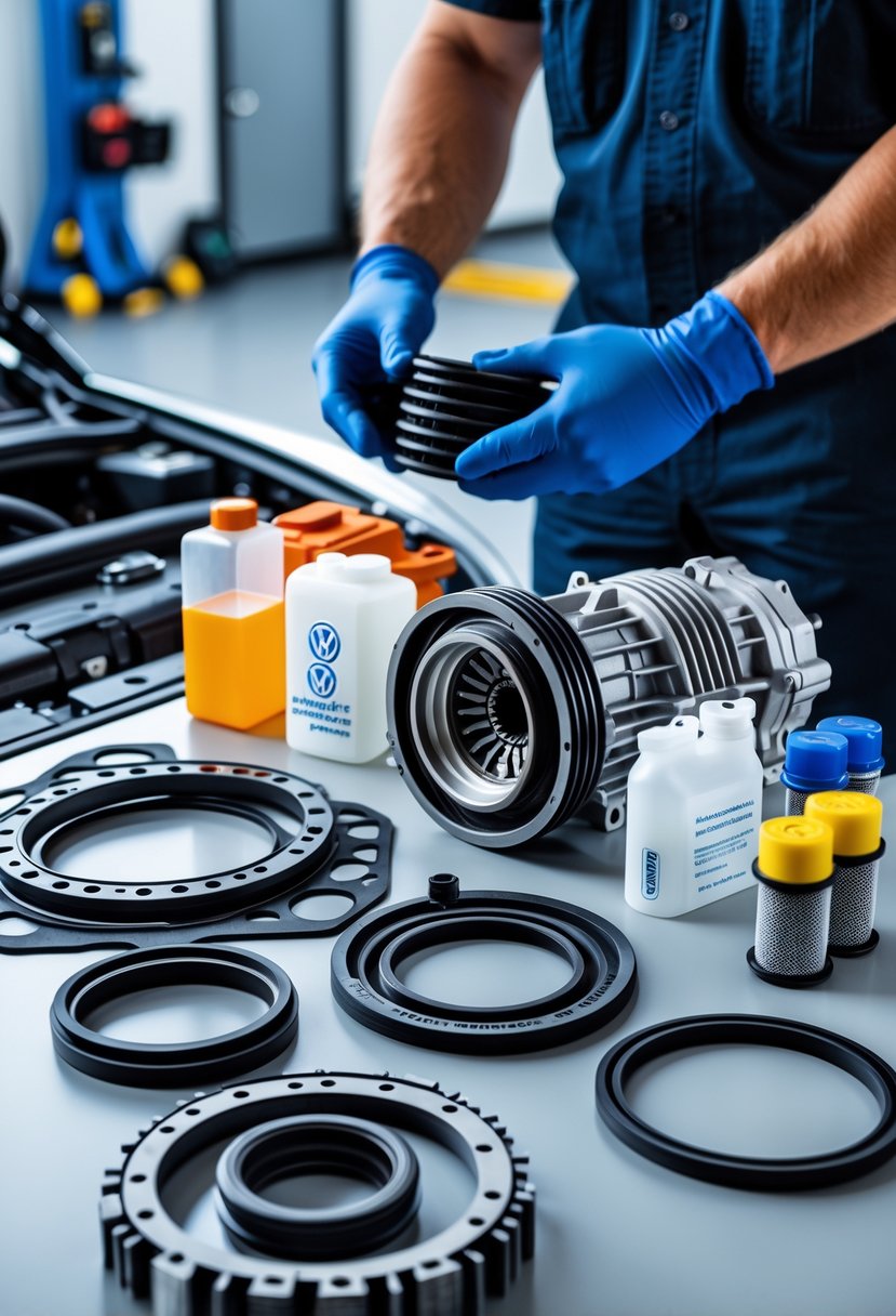Close-up of a Volkswagen DSG transmission service kit with mechanic's gloved hands holding a transmission part in a workshop.