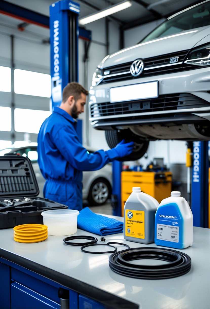 A mechanic inspects a Volkswagen DSG transmission part next to a neatly arranged transmission service kit on a workbench in an automotive workshop.