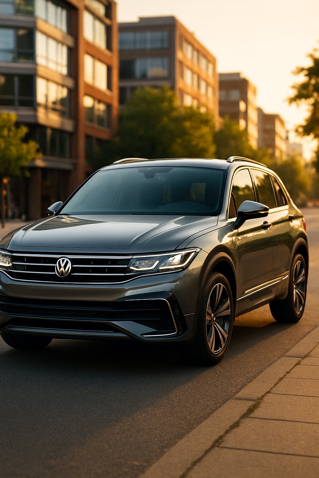 A Volkswagen R-Line Tiguan parked on a city street with buildings and trees in the background.