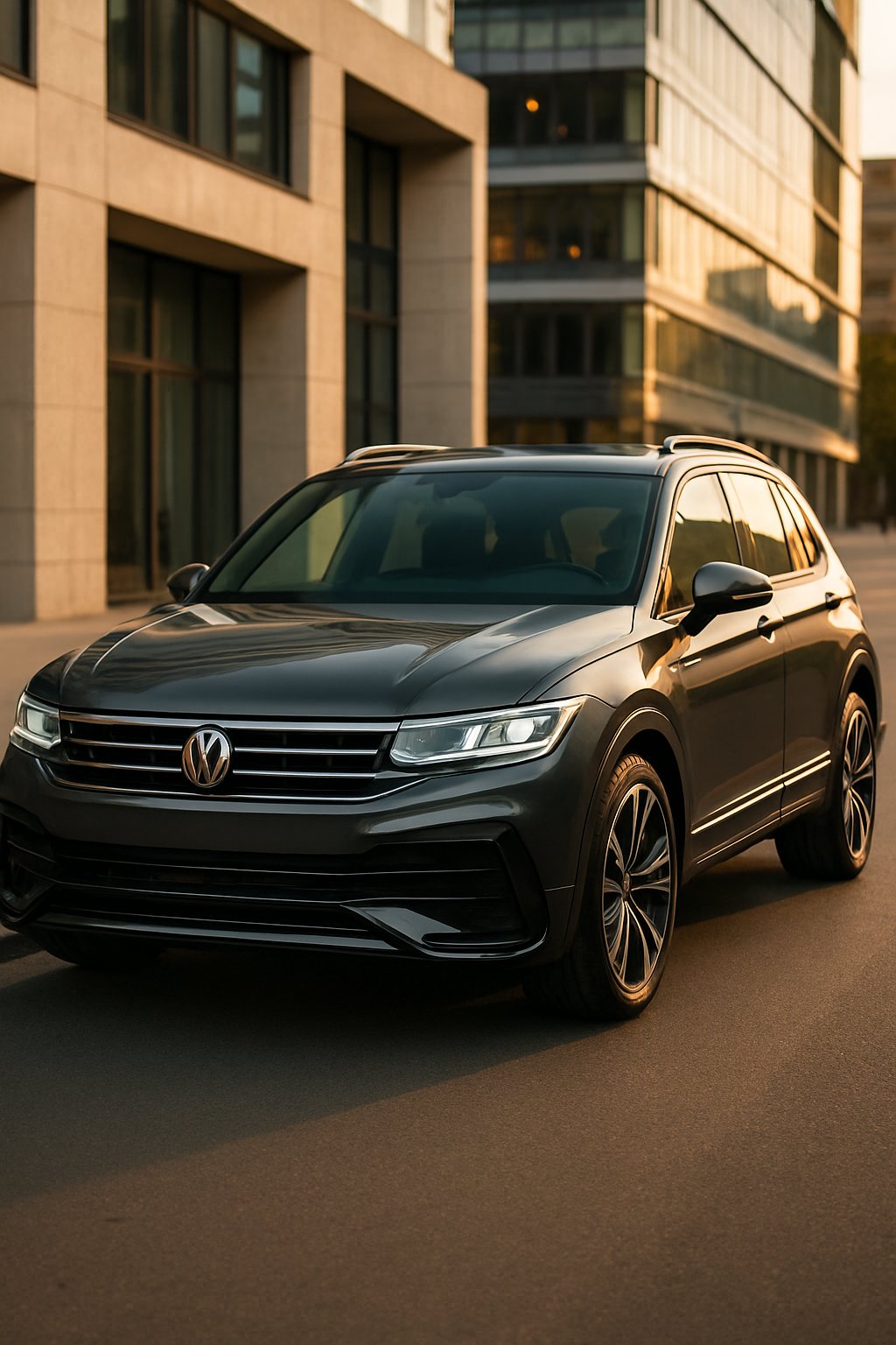 A Volkswagen Tiguan R-Line parked on a city street with modern buildings in the background.