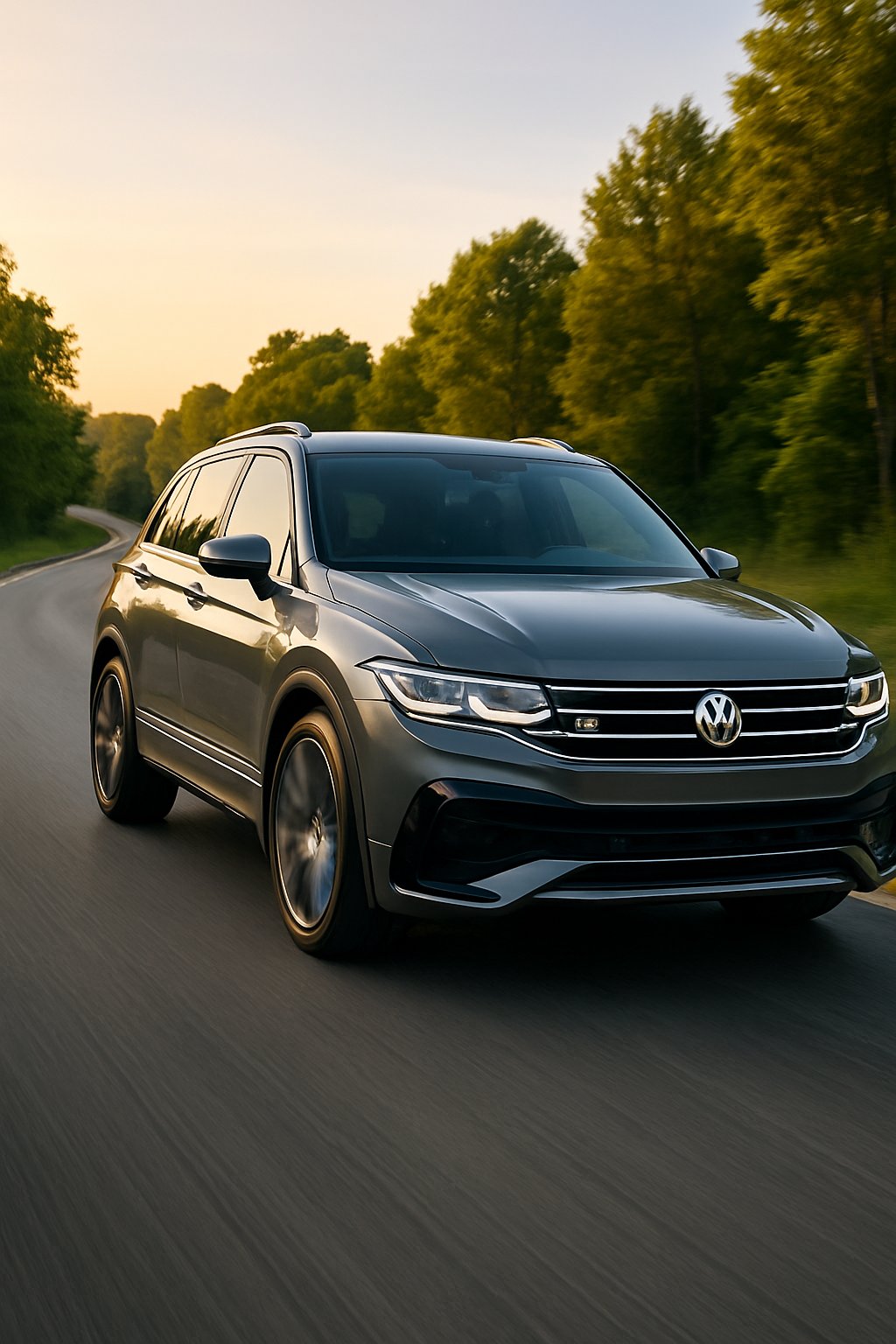 A Volkswagen R-Line Tiguan driving on a winding road surrounded by green trees under a clear sky.