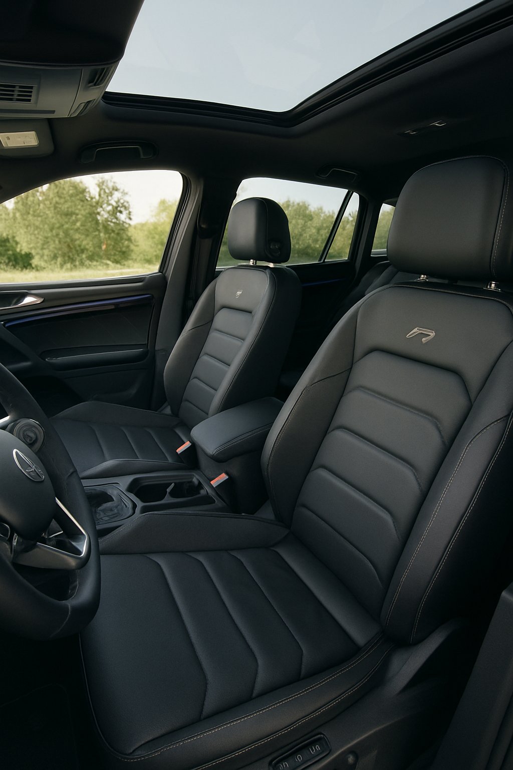 Interior view of a Volkswagen R-Line Tiguan showing the dashboard, touchscreen, steering wheel, and leather seats.