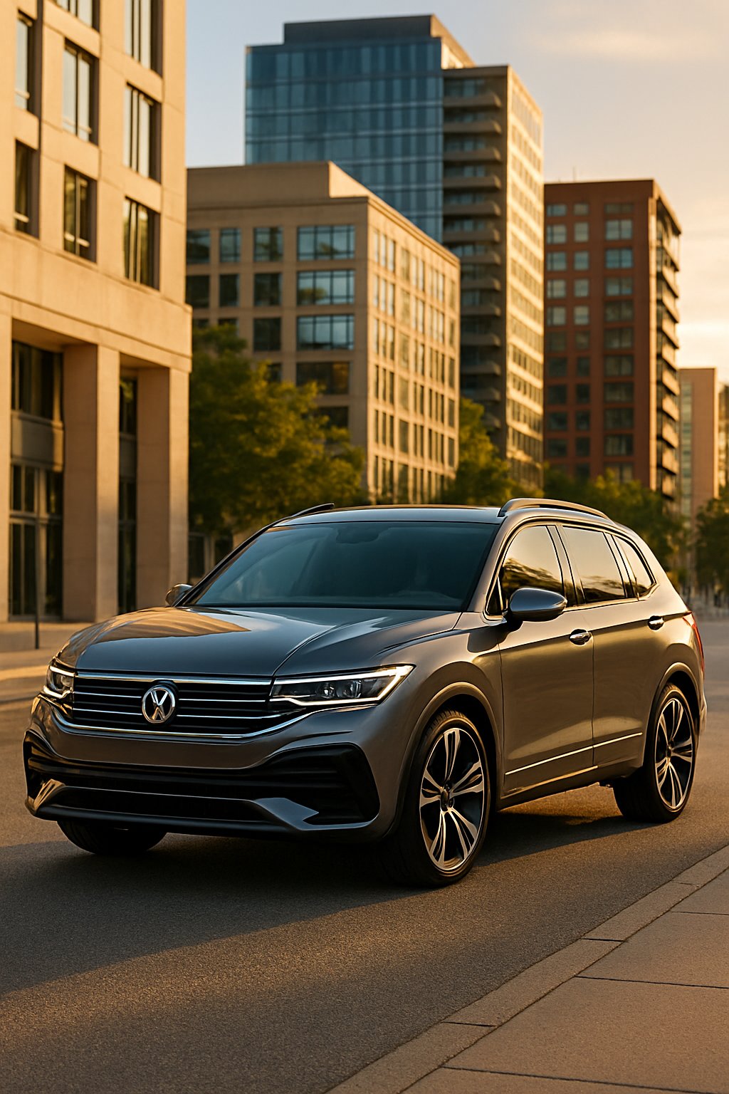 A 2025 Volkswagen Tiguan R-Line parked on a city street with modern buildings in the background during sunset.
