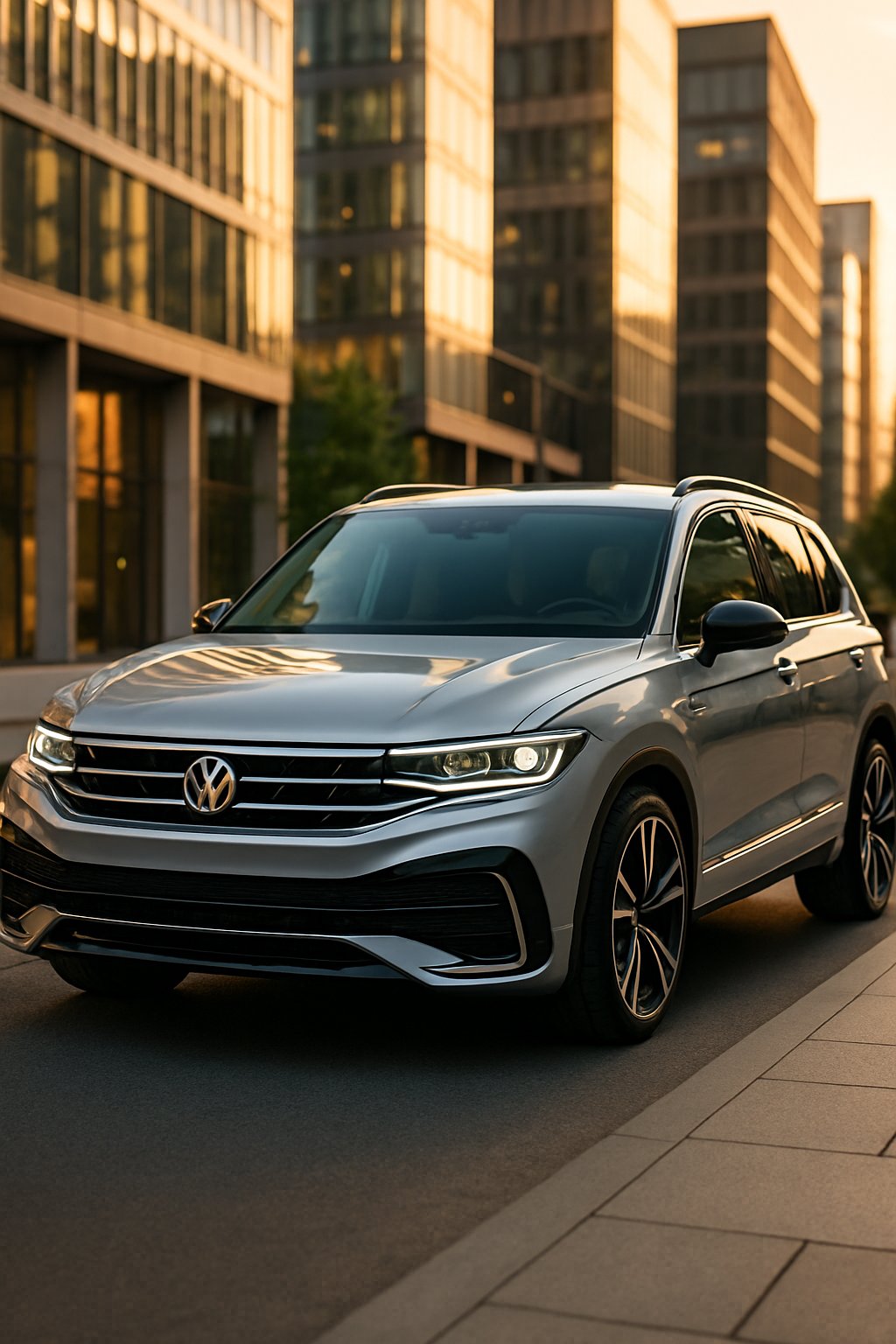 A 2025 Volkswagen Tiguan R Line parked on a city street with modern buildings in the background.