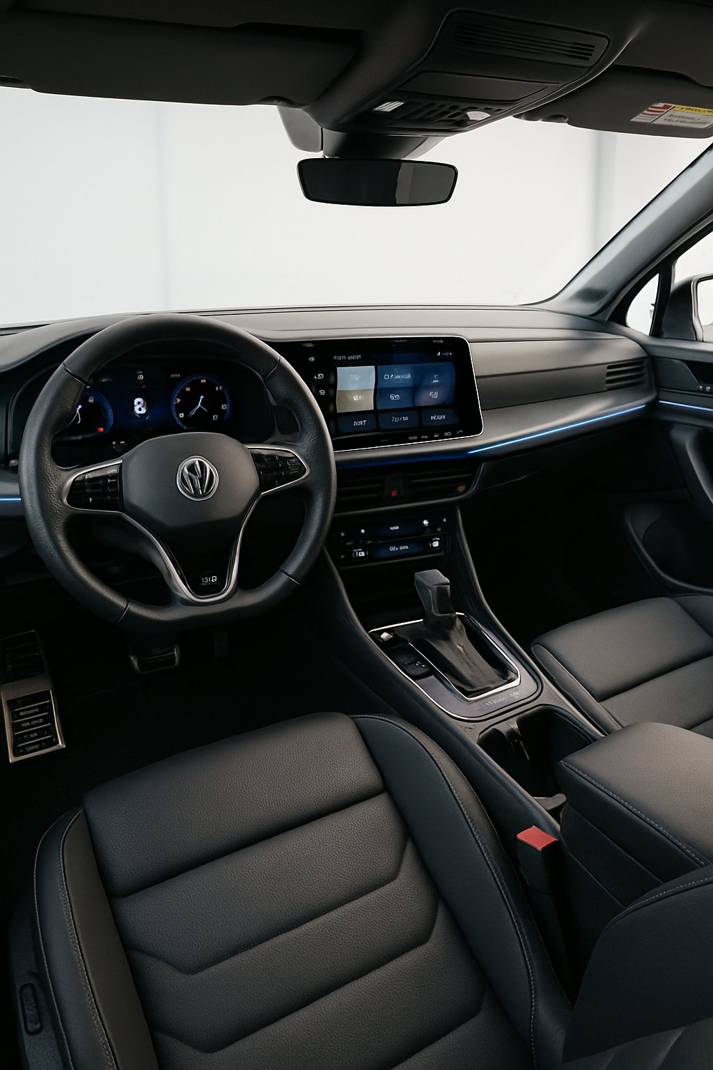 Interior view of a 2025 Volkswagen Tiguan R-Line showing the driver's seat, dashboard, steering wheel, and infotainment system.