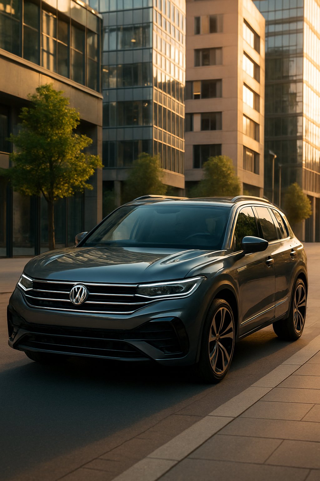 A 2025 Volkswagen Tiguan R-Line parked on a city street with modern buildings in the background.