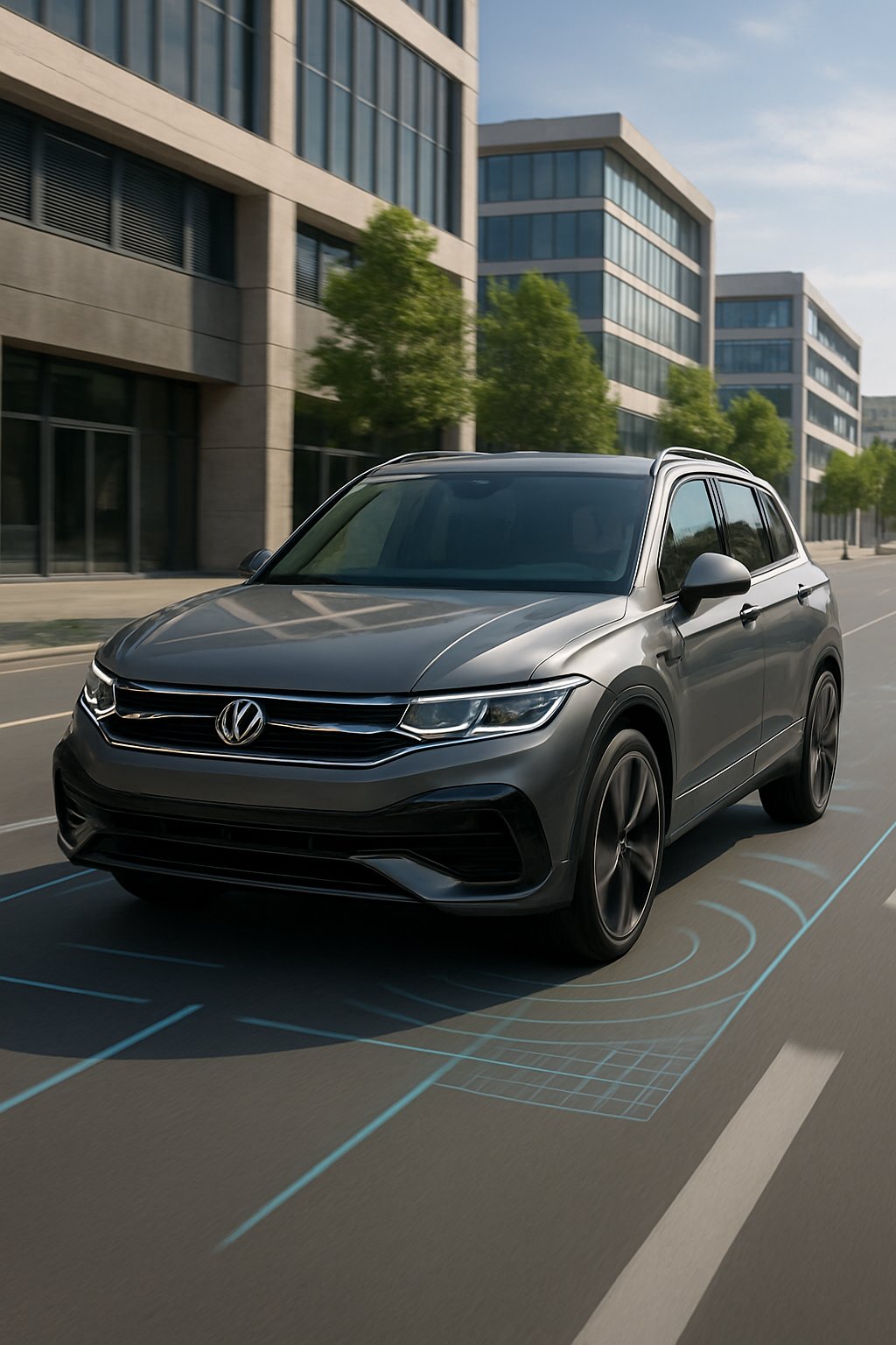A 2025 Volkswagen Tiguan R-Line driving on a city street with visual indicators of safety and driver assistance features.
