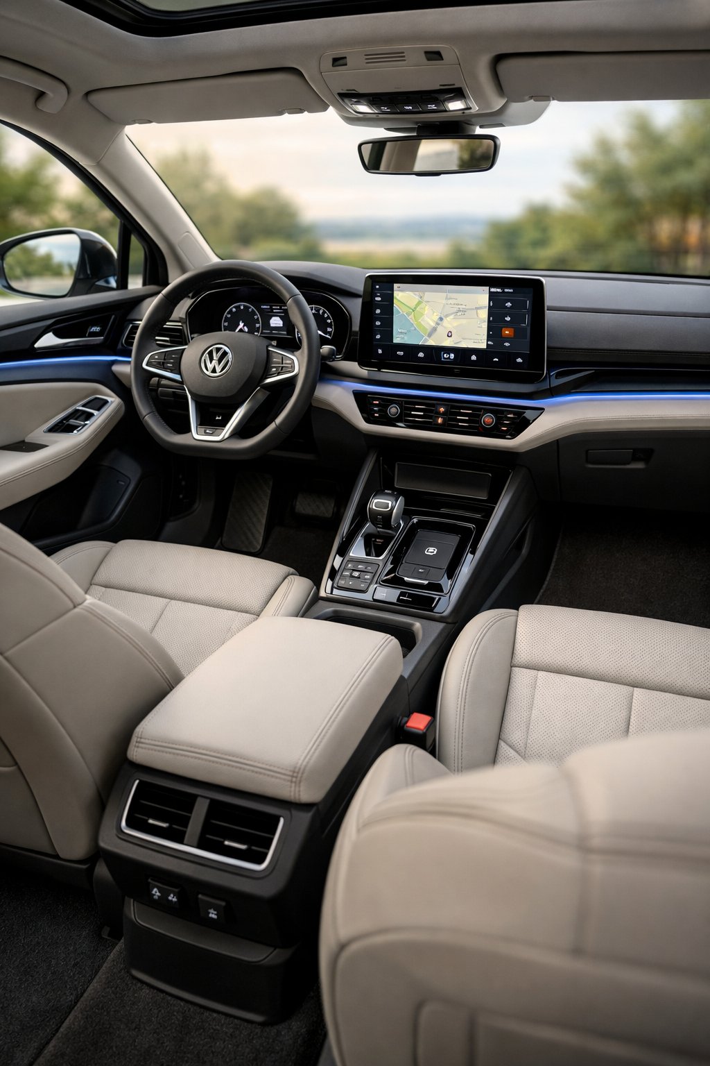 Interior of a modern Volkswagen car showing the dashboard, steering wheel, and front seats.
