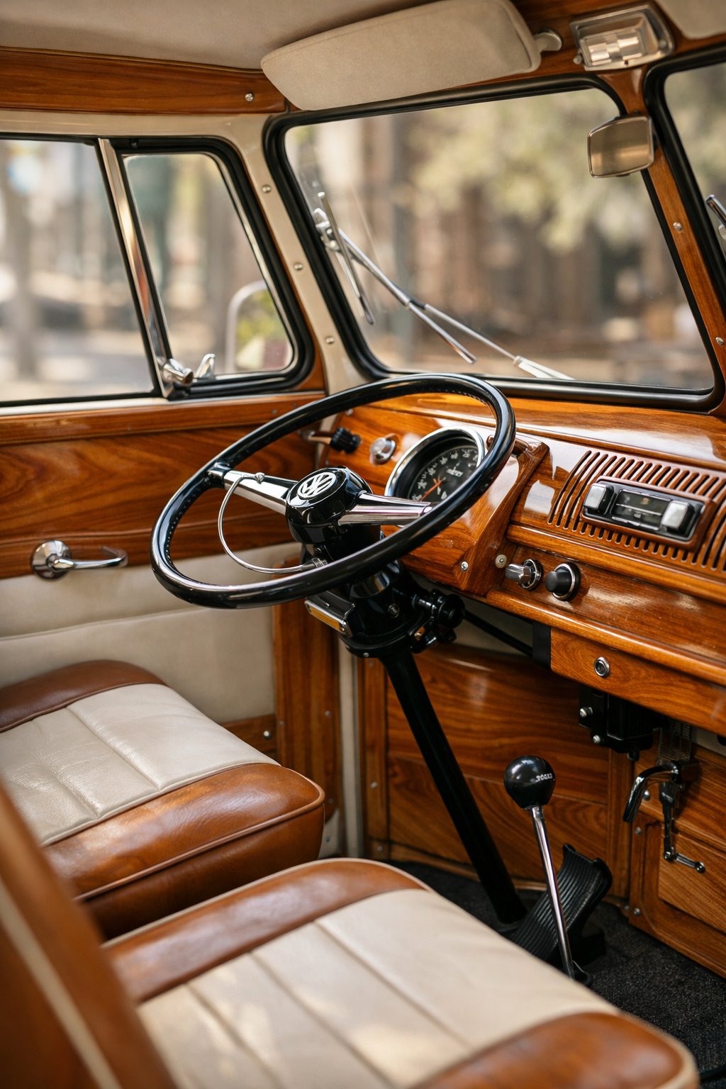 Interior view of a Volkswagen Bus showing wood paneling accents on the dashboard and surrounding areas.