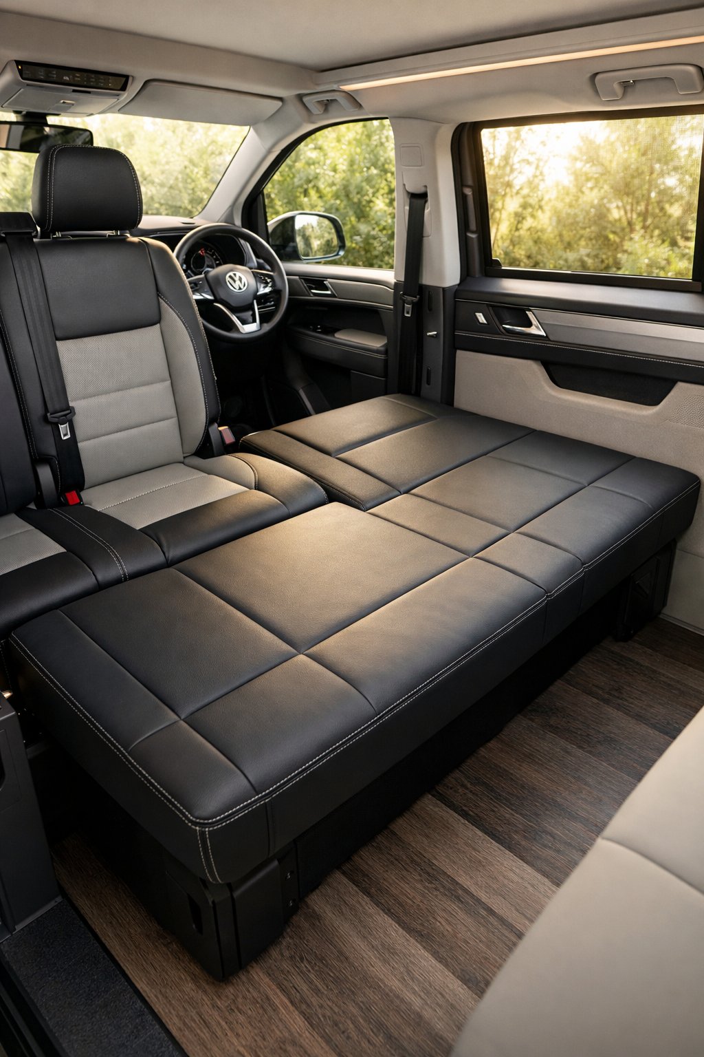 Interior of a Volkswagen vehicle showing convertible bench seats, with one seat folded down flat to form a bed.