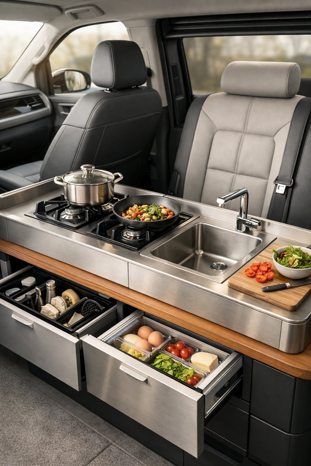 Interior of a Volkswagen vehicle with a compact slide-away kitchen setup for mobile cooking.