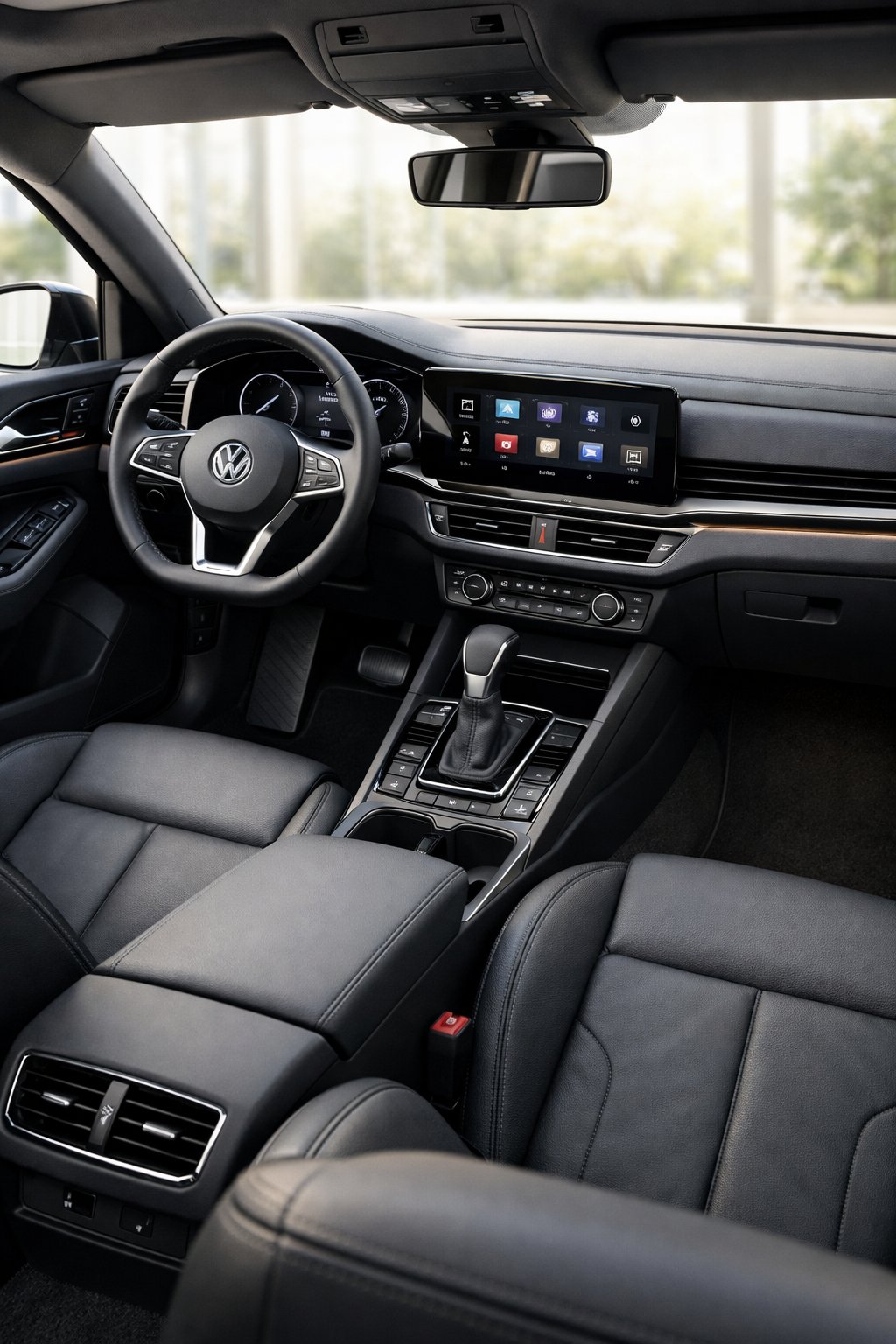 Interior view of a Volkswagen car showing the dashboard, steering wheel, seats, and center console.