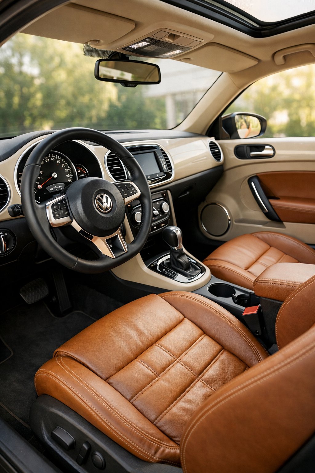 Close-up view of the interior of a Volkswagen Beetle showing the dashboard, steering wheel, and leather seats.