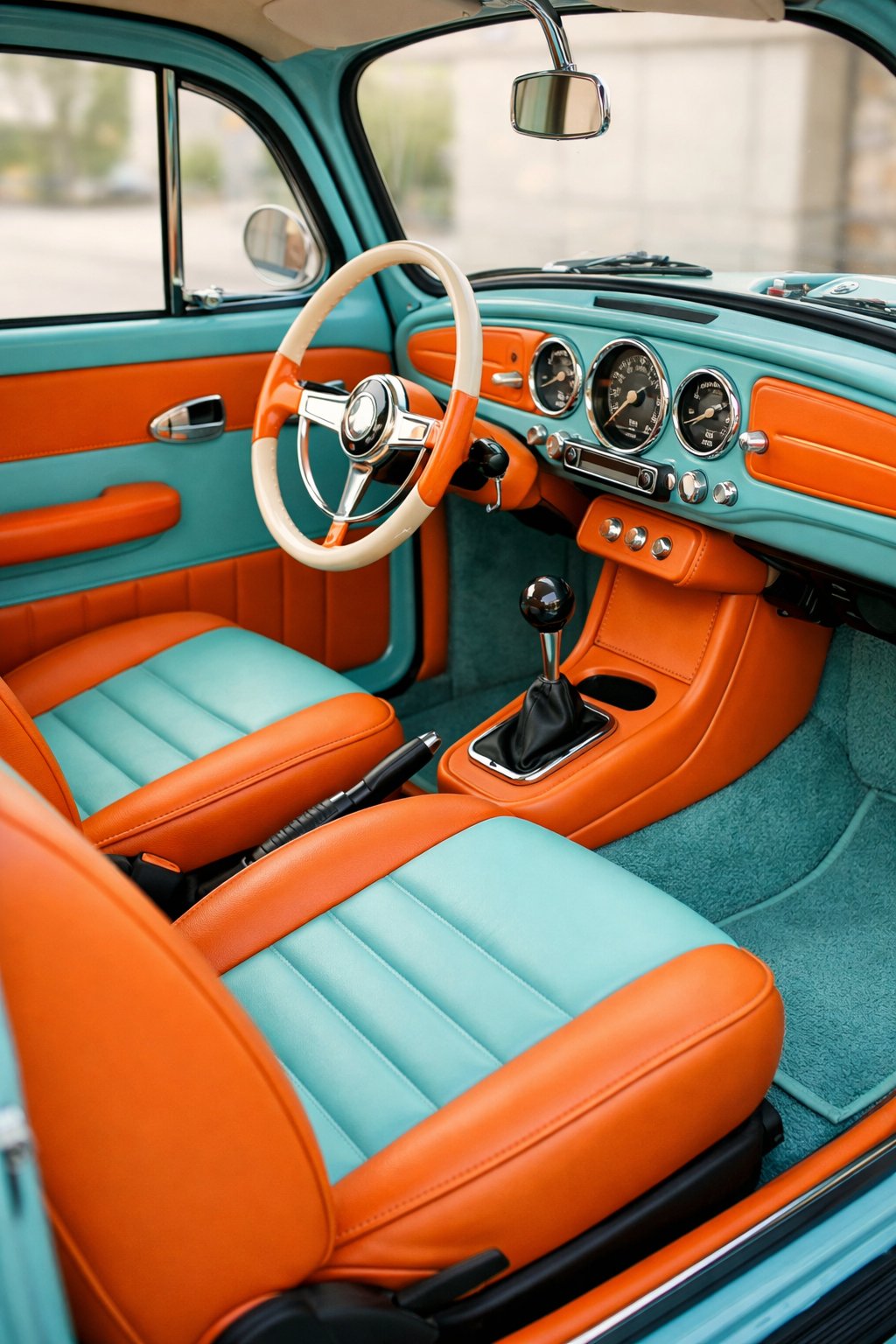 Interior view of a Volkswagen Beetle with custom color-matched panels on the dashboard and doors, showing the steering wheel and seats.