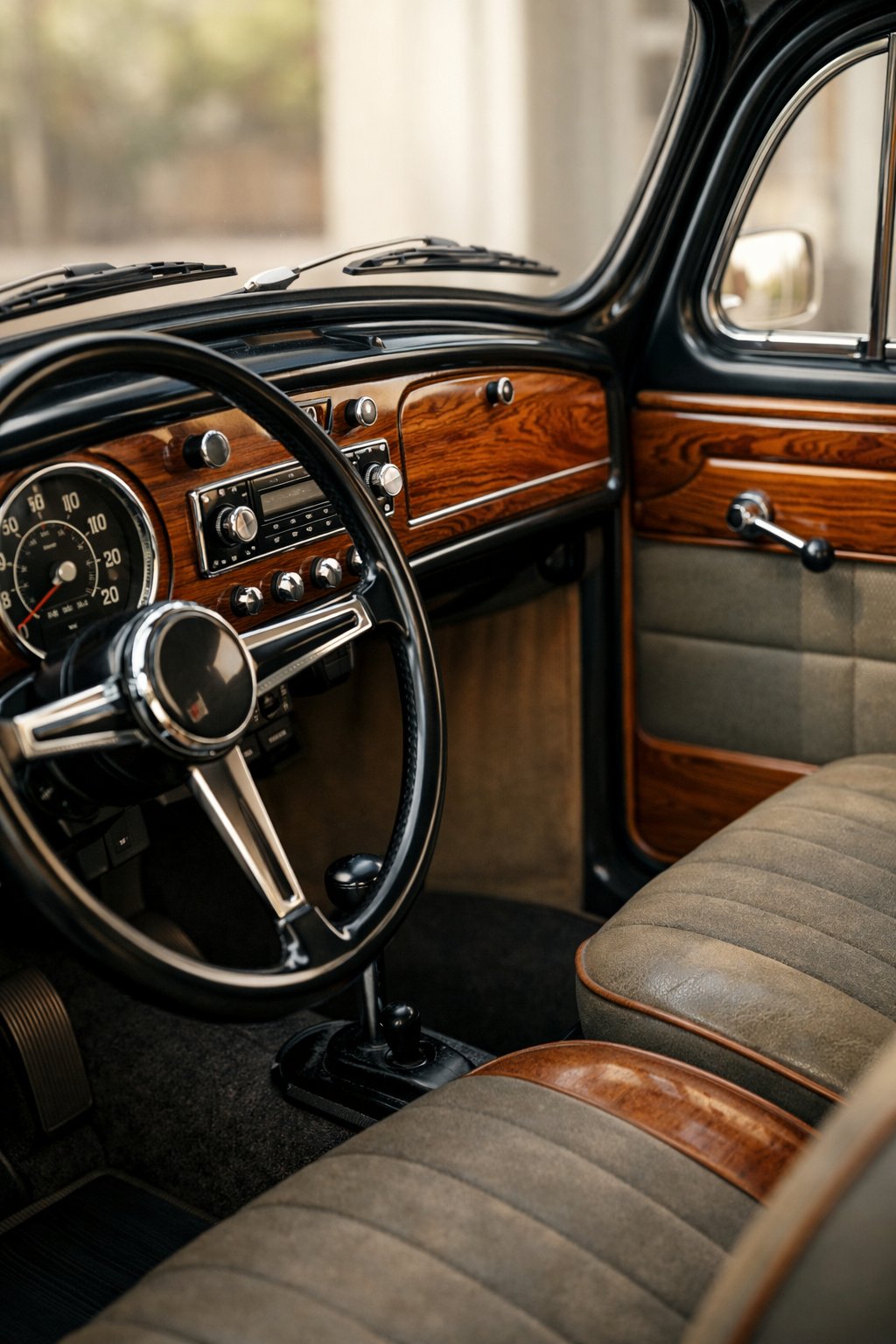 Close-up view of a Volkswagen Beetle interior showing woodgrain trim on the dashboard and door panels.