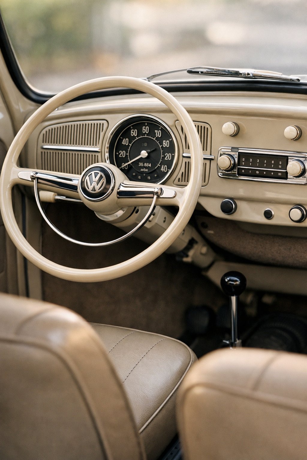 Close-up view of a Volkswagen Beetle car interior showing the dashboard, steering wheel, and seats.