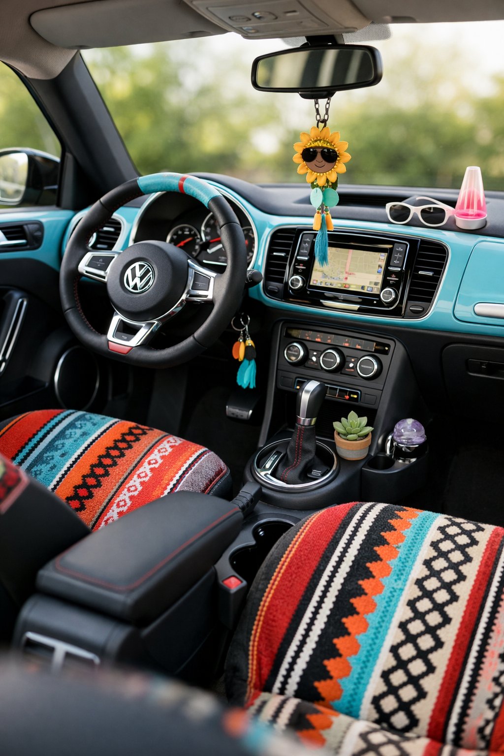 Interior of a Volkswagen Beetle car showing customized seat covers, steering wheel, and personalized accessories.