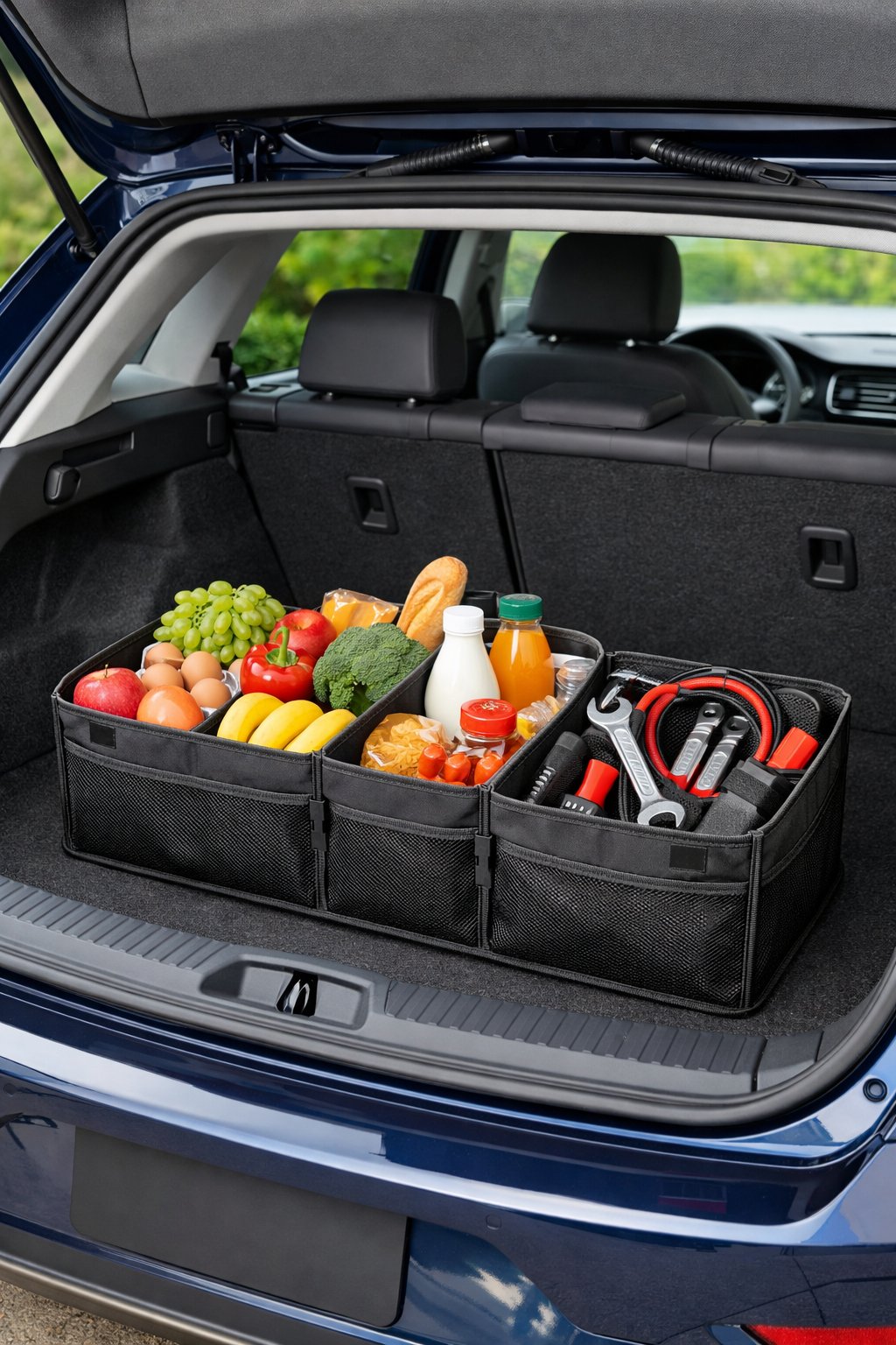 Open trunk of a Volkswagen car with a collapsible organizer separating groceries and tools.