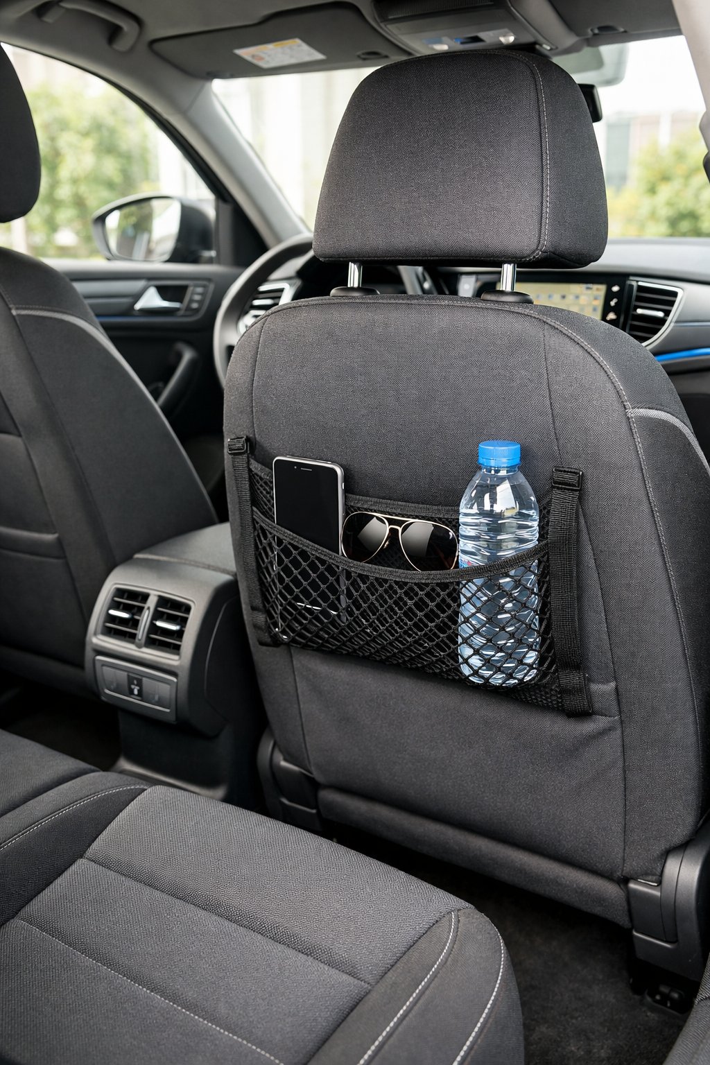 Backseat of a Volkswagen Troc with a storage net holding small items attached to the back of the front passenger seat.