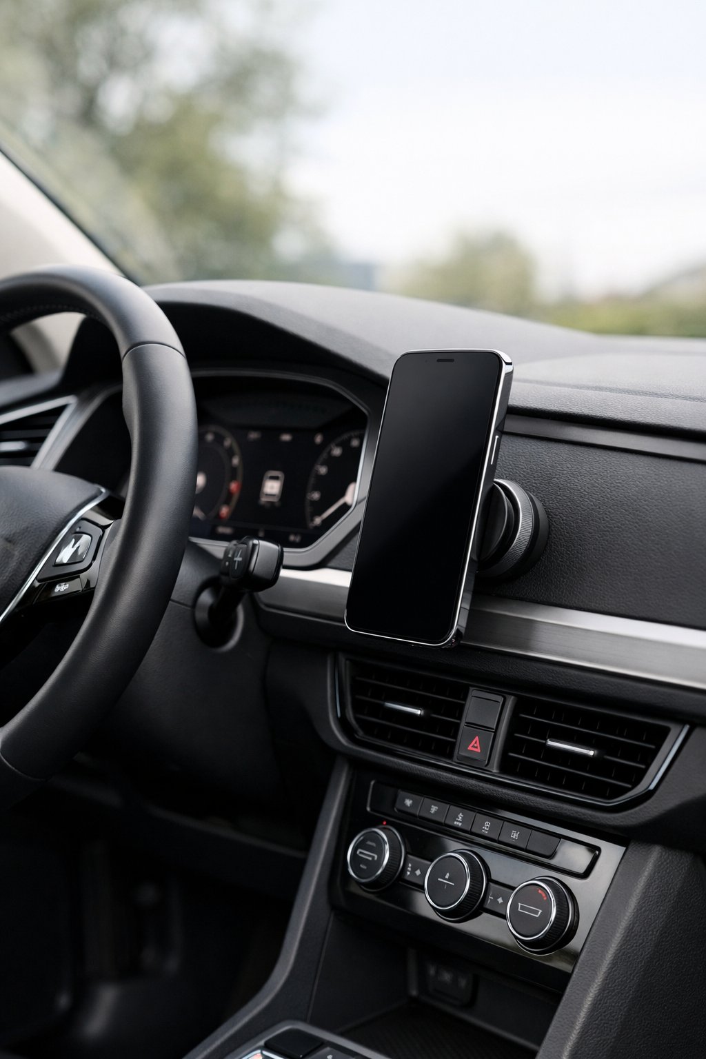 A smartphone secured on a magnetic holder mounted on the dashboard of a Volkswagen car.