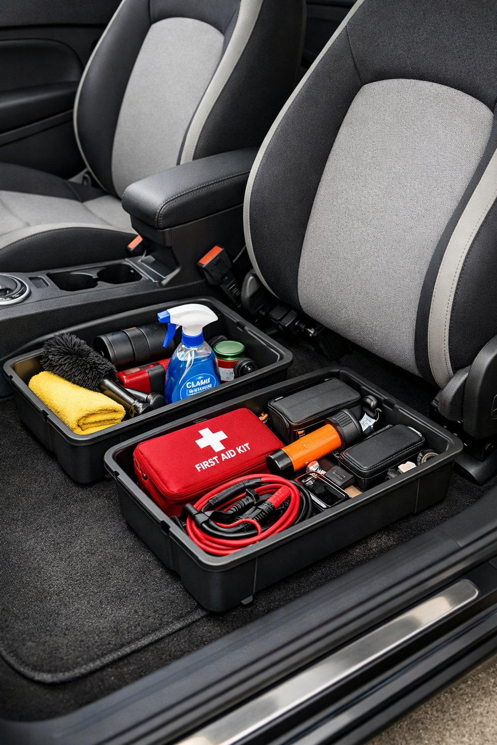 Interior of a VW Beetle showing under-seat storage bins filled with organized items.