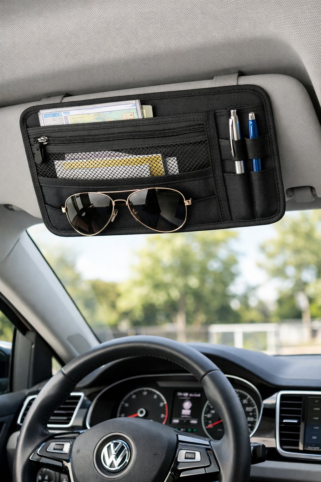 Interior of a Volkswagen car with a compact visor organizer holding documents, sunglasses, and pens attached to the sun visor.