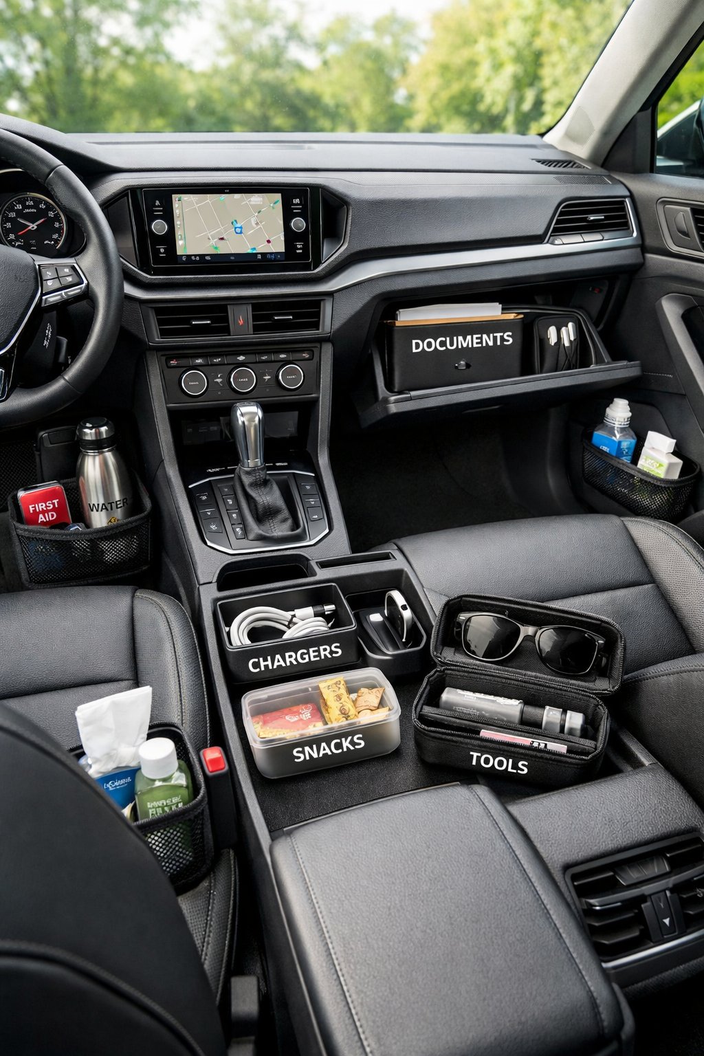 Interior of a Volkswagen car showing organized storage compartments with neatly arranged items inside.