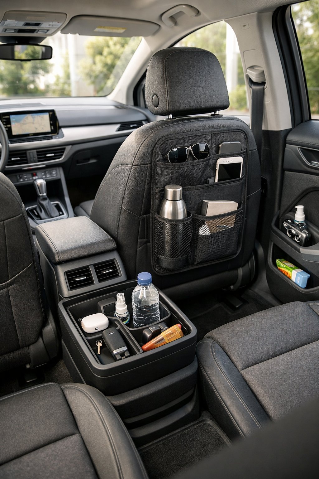 Interior of a Volkswagen car showing organized storage accessories holding personal items like bottles and phones.