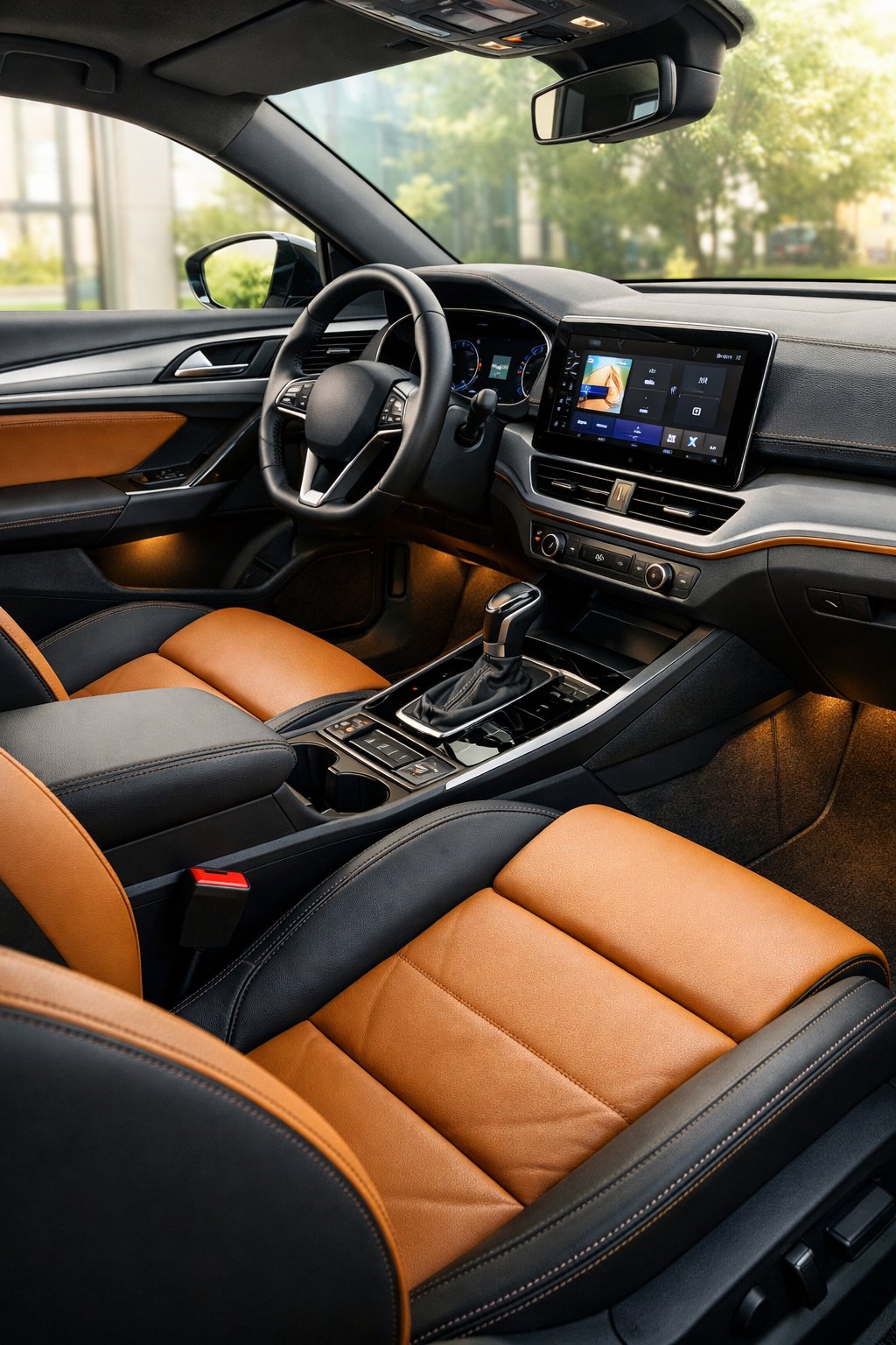 Interior view of a Volkswagen car showing a redesigned dashboard, leather steering wheel, touchscreen display, and two-tone leather seats.