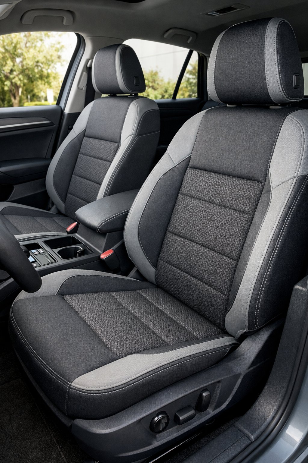 Interior view of a Volkswagen car showing front seats with custom durable seat covers that match the dashboard and door panels.