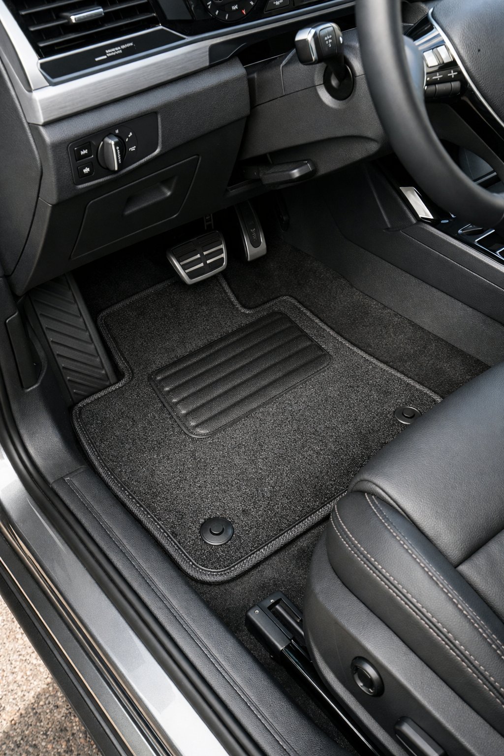 Interior view of a Volkswagen car showing clean, stylish floor mats on the driver's side floor.