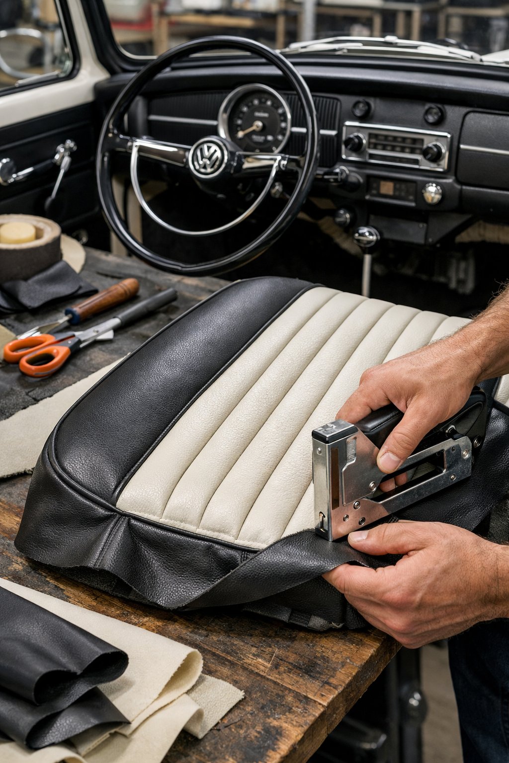 Close-up of hands refurbishing the vinyl upholstery inside a classic Volkswagen car interior.