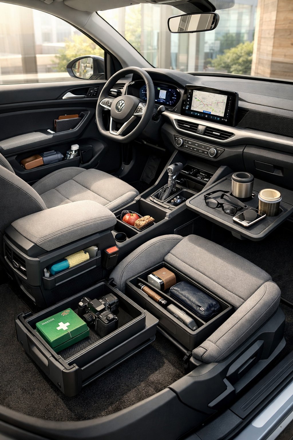 Interior of a Volkswagen car showing organized modular storage compartments and adjustable bins designed to maximize space and functionality.