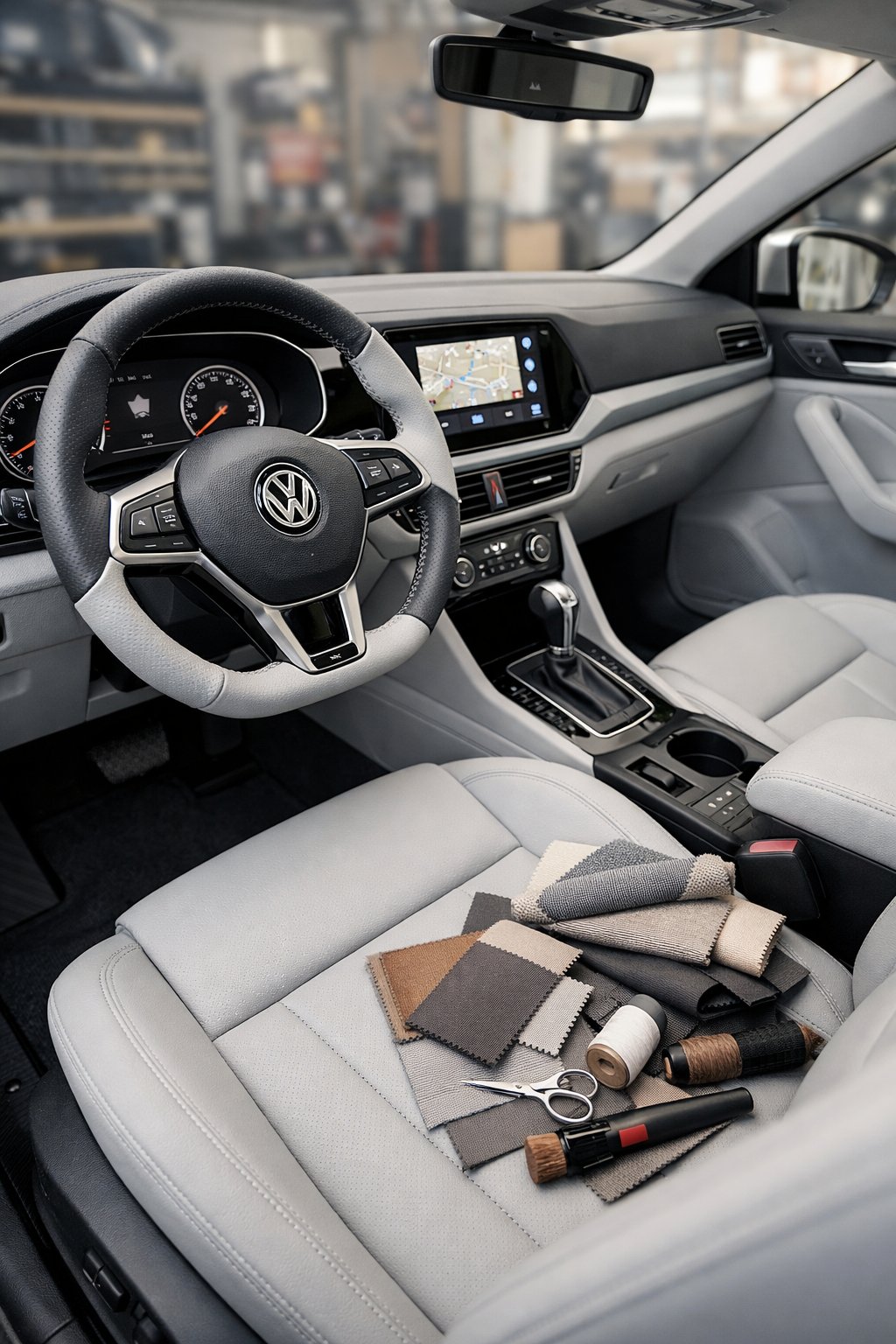 Interior view of a Volkswagen car with new upholstery and a touchscreen dashboard, showing makeover tools on the passenger seat.