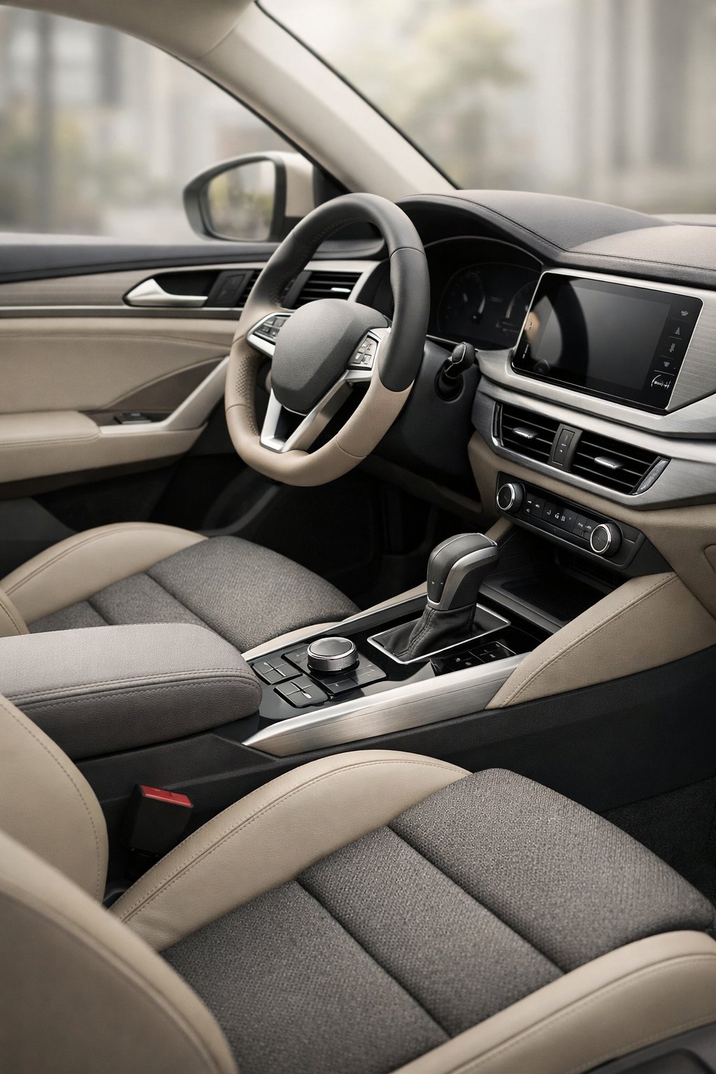 Close-up view of a Volkswagen car interior showing the dashboard, steering wheel, and seats with coordinated materials and colors.