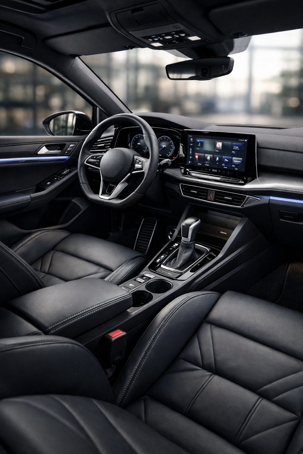 Close-up view of a VW Golf car interior featuring upgraded leather seats, steering wheel, dashboard, and ambient lighting.