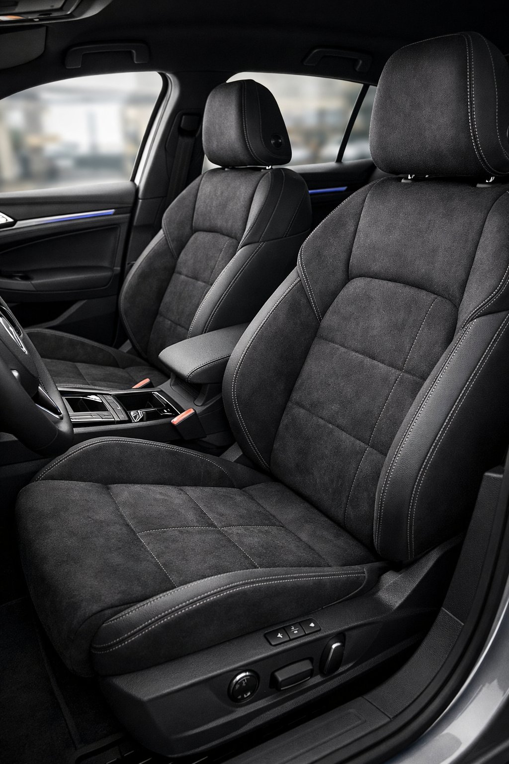 Close-up view of a Volkswagen Golf car interior with soft, luxurious seat upholstery and a clean dashboard.