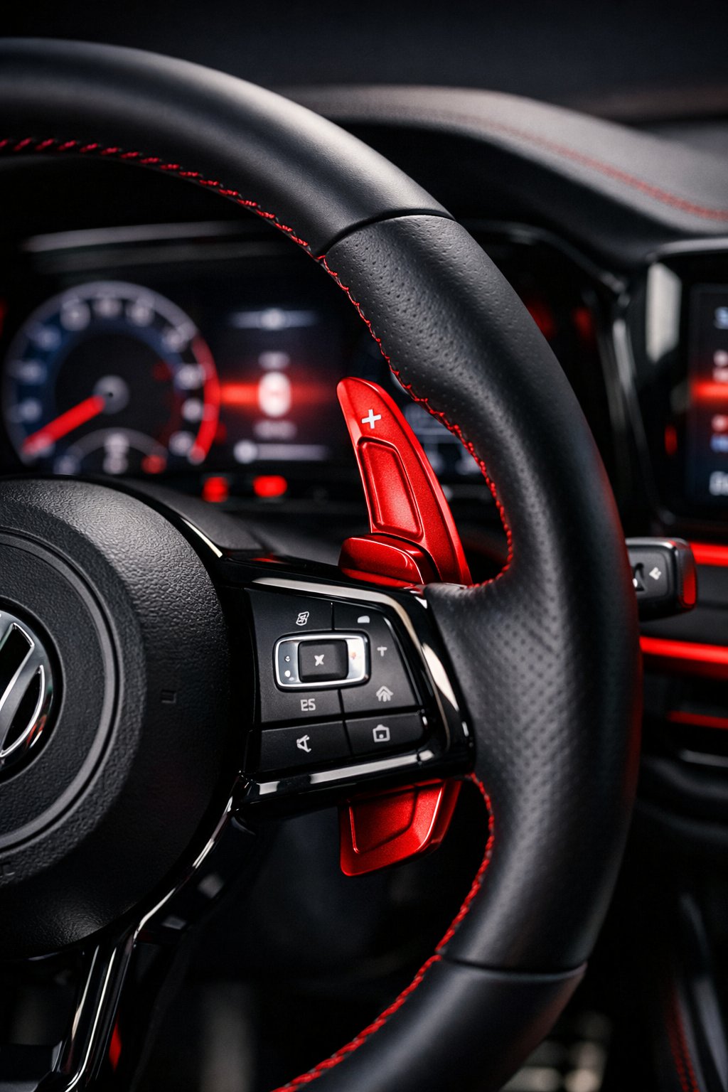 Close-up of red aluminum paddle shifters behind a steering wheel inside a Volkswagen Golf car.