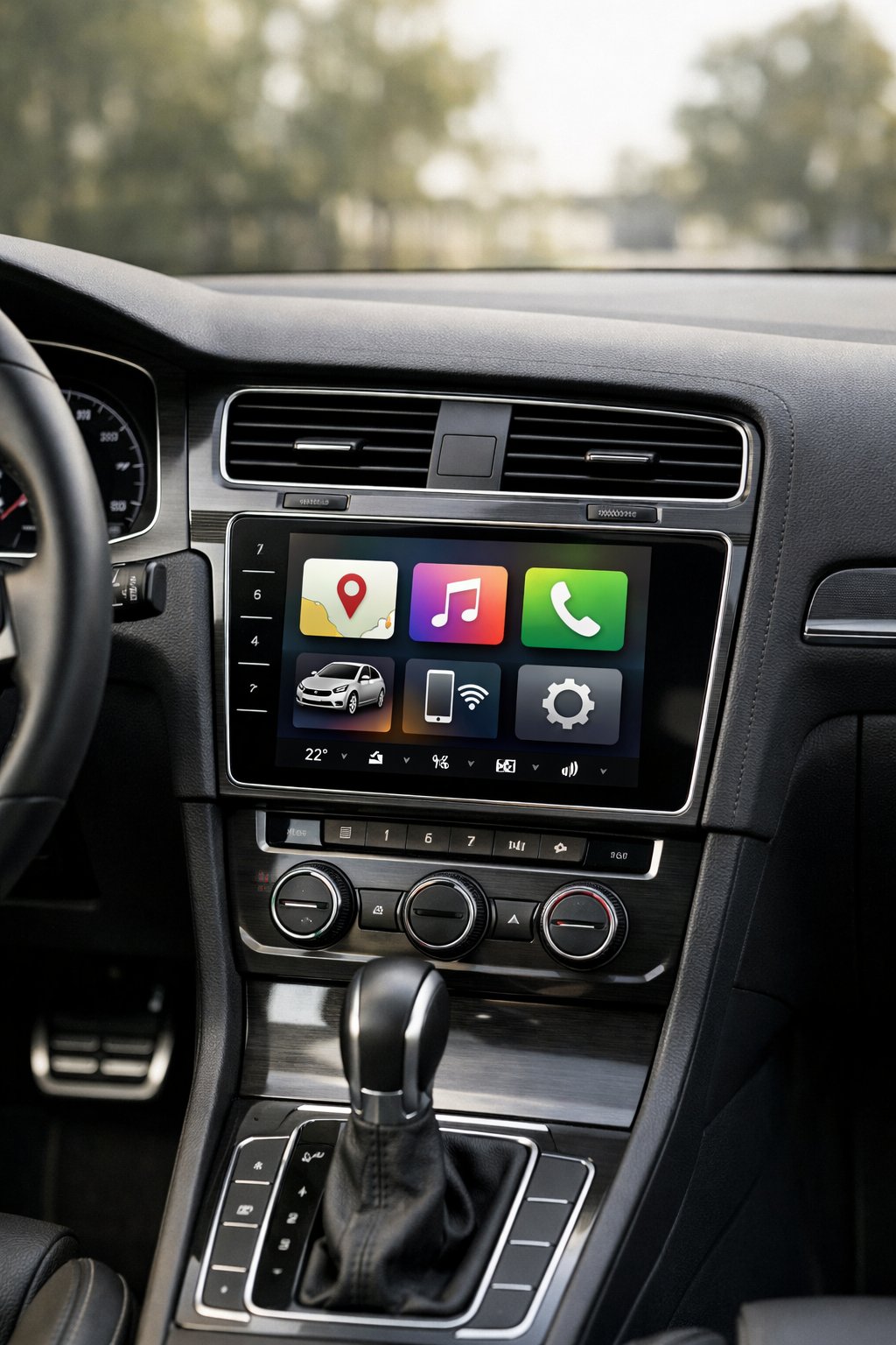 Interior view of a Volkswagen Golf showing an upgraded touchscreen infotainment system on the center console with surrounding dashboard and steering wheel details.
