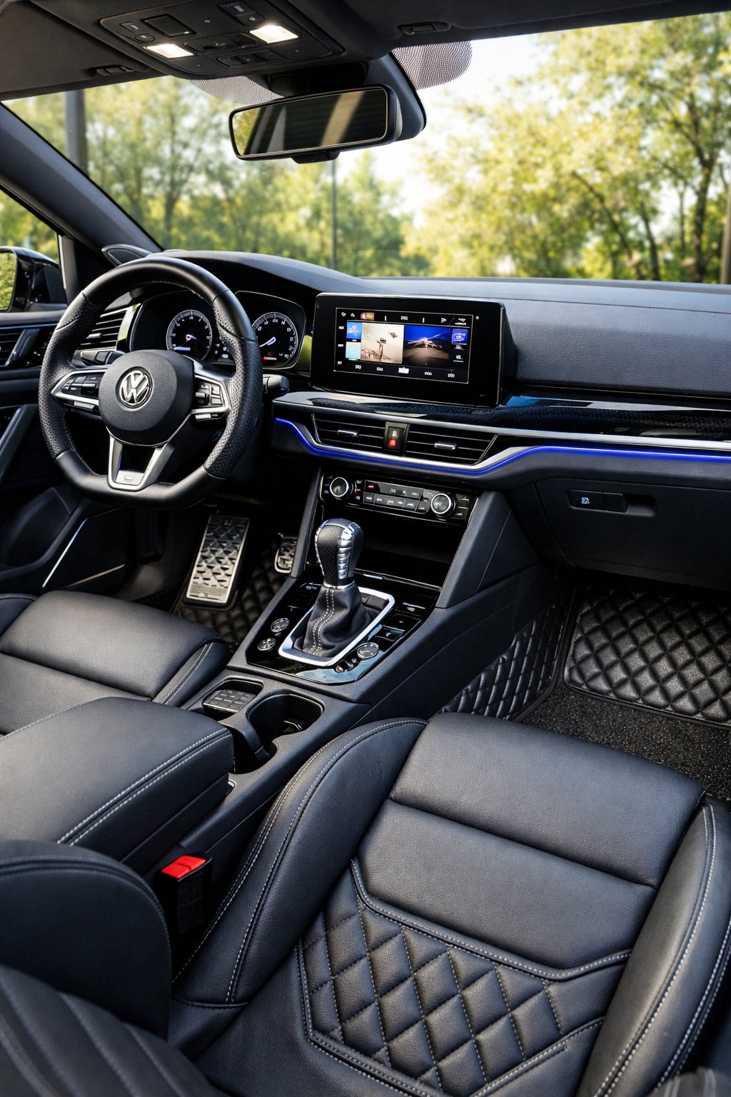Interior of a Volkswagen Golf showing upgraded dashboard, leather seats, and illuminated cabin features.