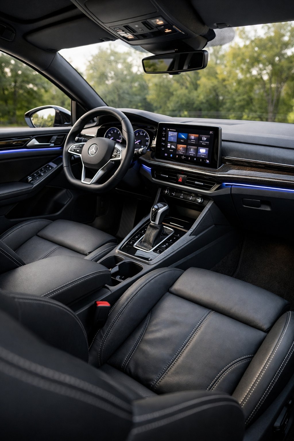 Interior view of a Volkswagen Golf showing the driver's seat, dashboard, steering wheel, and upgraded premium finishes.
